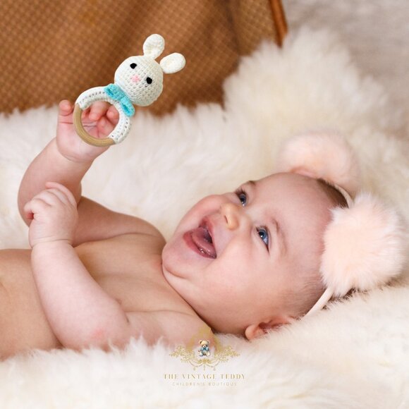 NWT Cute Handmade Crochet Bunny Baby Rattle Baby & Toddler Wooden Plush Toys - Picture 3 of 3